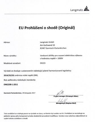 Prohlášení o shodě EK223 prázdná skříňka