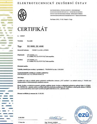 Certifikát EK600, EK800 rozvaděč